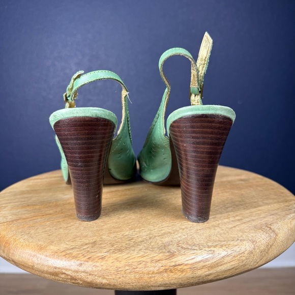 Anthropologie Klub Nico Green Leather Slingback Peep Toe Heels, Size 9 - Picture 5 of 7